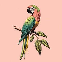 Colorful parrot drawing perched on a branch on a pink background