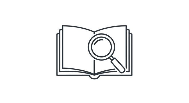 Simple line art icon of a magnifying glass over an open book for research and study.