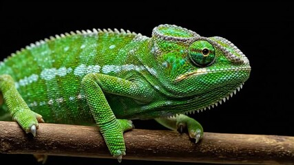 Green chameleon displays detailed texture on branch, perfect for educational content, wildlife media, or animal biology studies. - Powered by Adobe