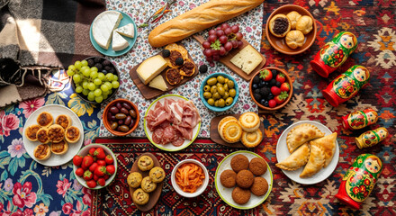 Festive picnic spread with cheeses, fruits, and appetizers on a rug