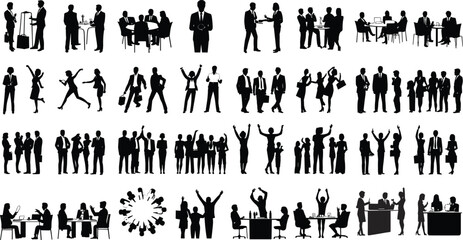 Business people silhouettes, teamwork in office, meetings, success celebration, group collaboration, working professionals, corporate vector illustration for presentations, marketing, design use