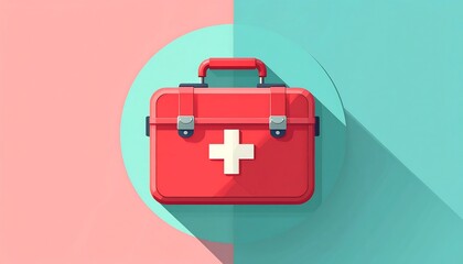 Obraz premium Red first aid kit sitting on split pink and teal surface, symbolizing healthcare and emergency preparedness, with a clean and modern aesthetic.