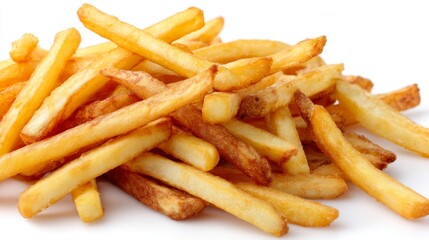 Crispy golden french fries stacked casually on a seamless white surface with minimalistic presentation and ample space for text, evoking warmth, comfort, and savory appeal