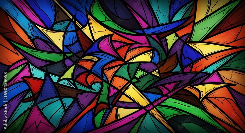 Poster Vector art of abstract stained glass pattern with sharp geometric shapes and vibrant, bold colors