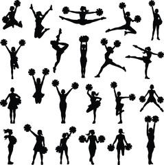 Cheerleader silhouette vector, female pom pom dance poses, jumping cheerleader clipart, cheerleading team spirit, energetic dance movement illustrations, sport activity design