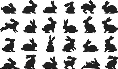Collection of black rabbit silhouettes, bunny shapes, animal vector icons, cute pet bunny designs, wildlife illustrations, Easter bunny symbols, mammal silhouettes set