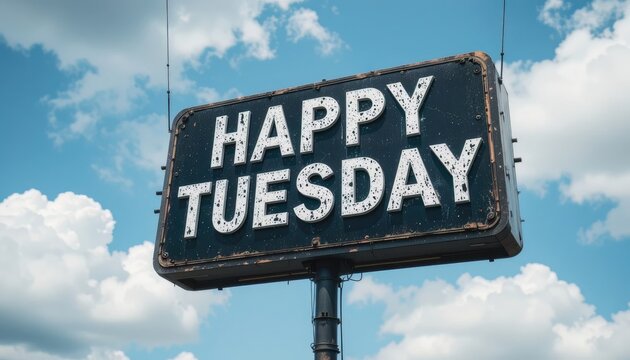 Sign saying Happy tuesday against a blue sky