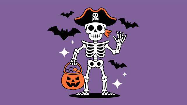 Whimsical halloween pirate skeleton character with candy bucket and bats a fun silhouette illustration for spooky season celebrations