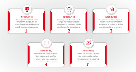 Marketing process visualization with white diagram | Icon on circle-Business data representation with 6 steps or option two side red border | Colorful vector illustration for web, presentation, report