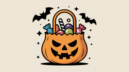 Spooky halloween pumpkin candy bucket filled with colorful sweets and surrounded by flying bats in a charming silhouette style