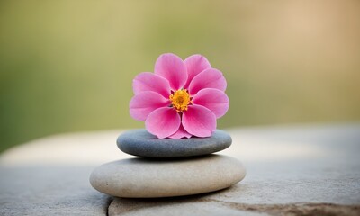Zen garden with balanced black spa stones and vibrant pink flowers for relaxation and wellness