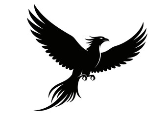 Obraz premium Silhouette of a majestic phoenix with outstretched wings, soaring gracefully against a white background.