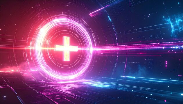 Glowing plus sign rotates in a futuristic tunnel with neon lights and abstract patterns, creating a sense of advanced technology and innovation.
