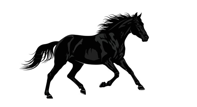 A sleek black horse with a flowing mane and tail trotting gracefully on a white background.
