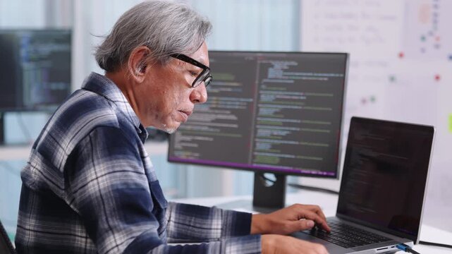 Developer software programmer computer coding screen working technology engineering monitor at modern workspace