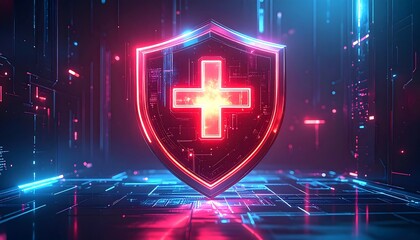 Glowing shield with a red cross protects data and systems in a digital network against cyber threats, symbolizing security and trust.