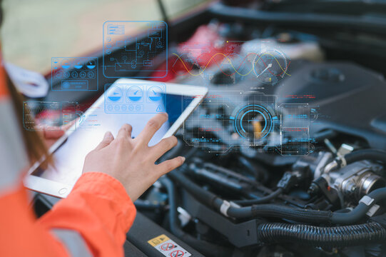 female professional automotive mechanical worker checks an engine at a maintenance garage, expert electric vehicle service, and fixing occupations auto industry - Powered by Adobe
