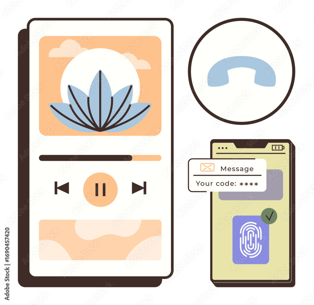 Poster smartphone interfaces featuring music player, fingerprint authentication, verification code, and cal
