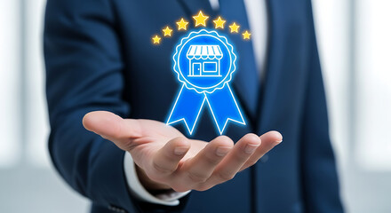 Professional presenting glowing five star store badge, showcasing excellence and achievement, business recognition and top quality service