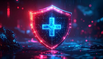 Glowing shield with a medical cross protects against cyber threats in a futuristic digital landscape, symbolizing security and innovation.