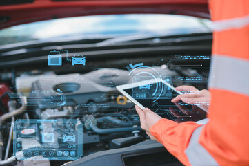 Woman in safety uniform using tablet to inspect car engine with futuristic digital interface, showcasing smart automotive technology, eco car diagnostics, and battery monitoring