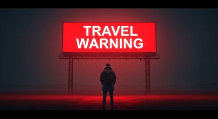 Fototapeta premium Travel Warning Billboard and a Lonely Figure in the Mist, informative advertisement, news 