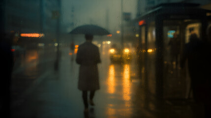 Fototapeta premium Businessman walking in rain at night with umbrella