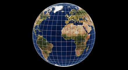 Naklejka premium Earth Globe with Grid Lines Showing Continents and Oceans on Black Background