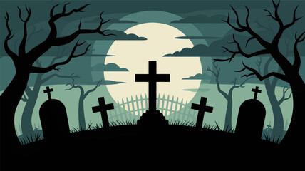 Spooky halloween graveyard scene with tombstones and bare trees against a large full moon in a dark eerie night silhouette