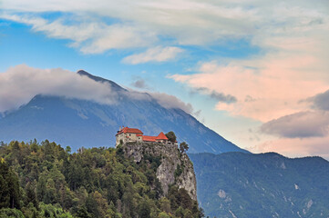 Bled Castle and mountains in the morning landscape, Slovenia