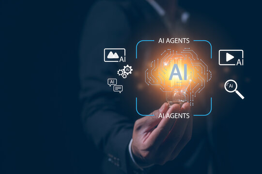 Artificial intelligence technology Innovative technology concept  Businessman holding light bulb showing AI text on electronic circuit board ai icon and data charts
