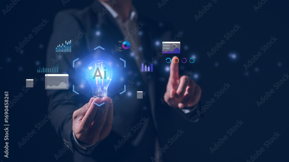 Aufkleber artificial intelligence technology innovative technology concept businessman holding light bulb show
