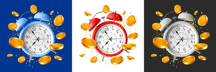 Red, blue and white Alarm Clock and gold Coins. Time is money concept. Time management. Business investments concept. Fast money, earnings, cash back. Isolated 3D vector illustration set