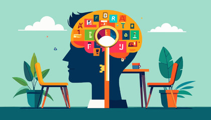 Human head with key unlocking brain vector concept for mental health and cognitive function turquoise and orange color palette