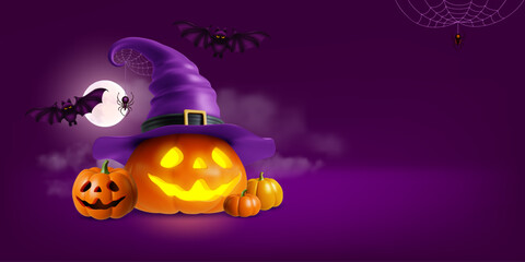 Happy Halloween greeting card, banner with place for text. 3d pumpkin with witch hat and carved funny face, bats, mystical moon and fog made a creepy vibes of Halloween night. Vector illustration