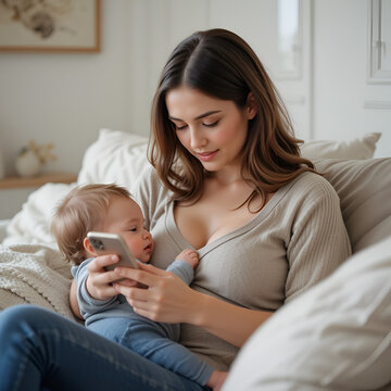 Woman breastfeeding toddler and scrolling on her phone