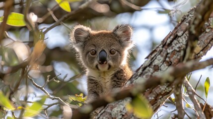 Relaxing koala resting comfortably in a eucalyptus tree amidst a natural australian setting