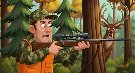 Cartoon Hunter in Camouflage Outfit Shooting Rifle at Deer in Forest
