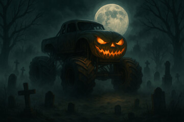 Haunted Monster Truck in a Spooky Graveyard under Full Moon