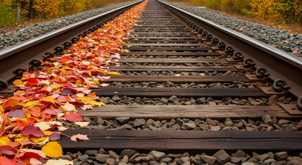 Autumn leaves cover railway tracks in a beautiful fall landscape.