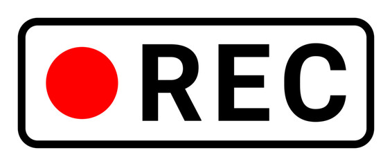 Flat vector REC recording icon with red indicator dot on an outlined black rounded rectangle for video, streaming, and camera interfaces.