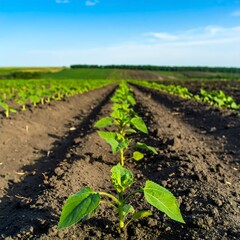 Young sunflower seedlings in rows