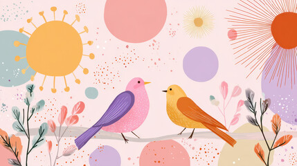 Two colorful cartoon birds perched on a branch amid abstract shapes and patterns against a pastel pink background