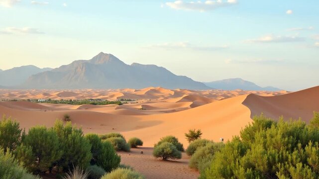 Vast desert landscape with lush greenery amidst sandy dunes and mountains