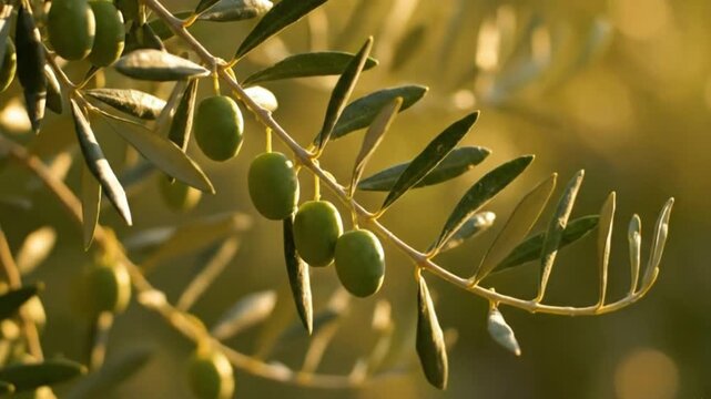 Cinematic Close-Up of Olive Branches Swaying in Golden Sunlight Symbolizing Peace