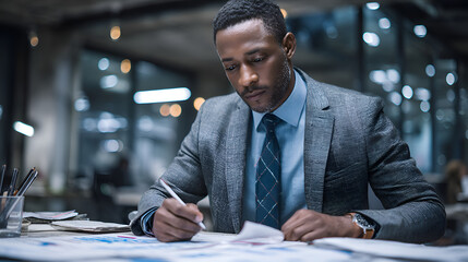 Focused businessman working late analyzing financial reports in office