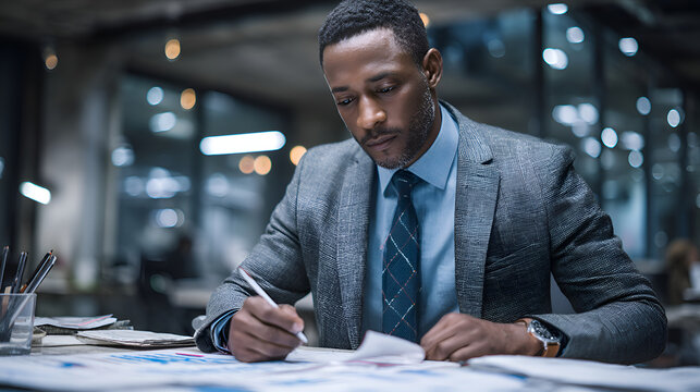 Focused businessman working late analyzing financial reports in office