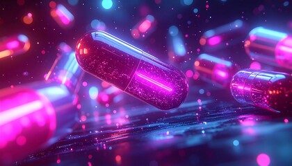 Glowing capsules float in a neonlit space, representing futuristic medicine and technological advancements in healthcare, creating a vibrant and innovative atmosphere.