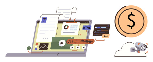Open laptop with content templates, video player, code editor, analytics chart, and cloud storage. Ideal for content creation, web design, digital marketing, analytics monetization programming