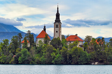 Pilgrimage Church of the Assumption of Maria in the morning landscape,Lake Bled, Slovenia